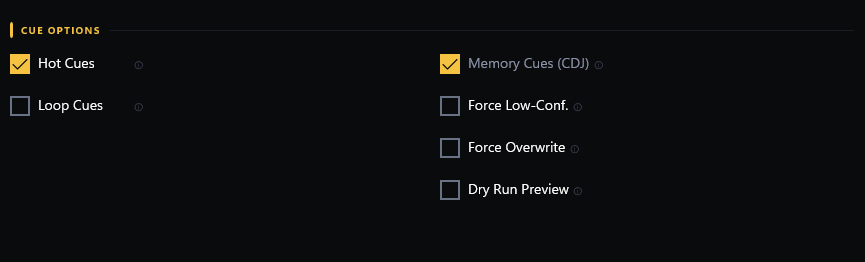 KimiCue cue options with Hot Cues and Memory Cues ticked